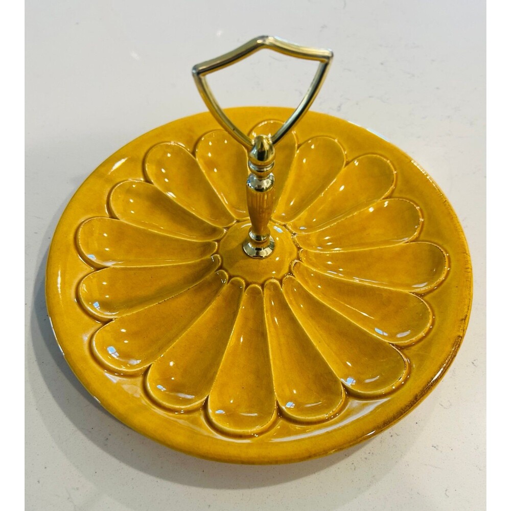 Vintage MCM Harvest Gold Divided Relish Tray Brass Handle USA Pottery